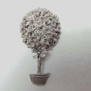 Vintage Topiary Shape Brooch, Silver Tone Lapel Pin, Potted Plant, Estate